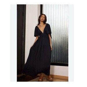 FREE PEOPLE Beach La La Maxi Dress Black Open Back Size S Boho Flowy Whimsigoth